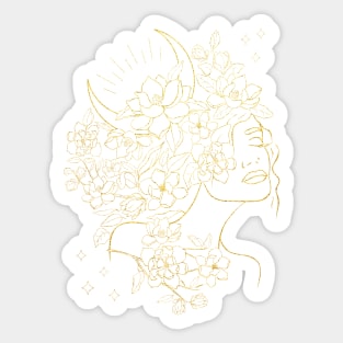 Woman with Flowers and Crescent Moon - Golden Lines Sticker